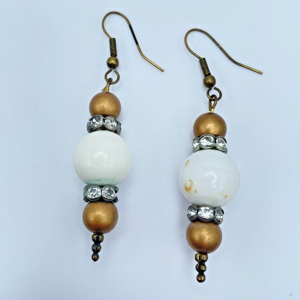 Vintage 90s Boho Dangle Earrings White & Gold Tone Beads Clear Glass Accents 90s